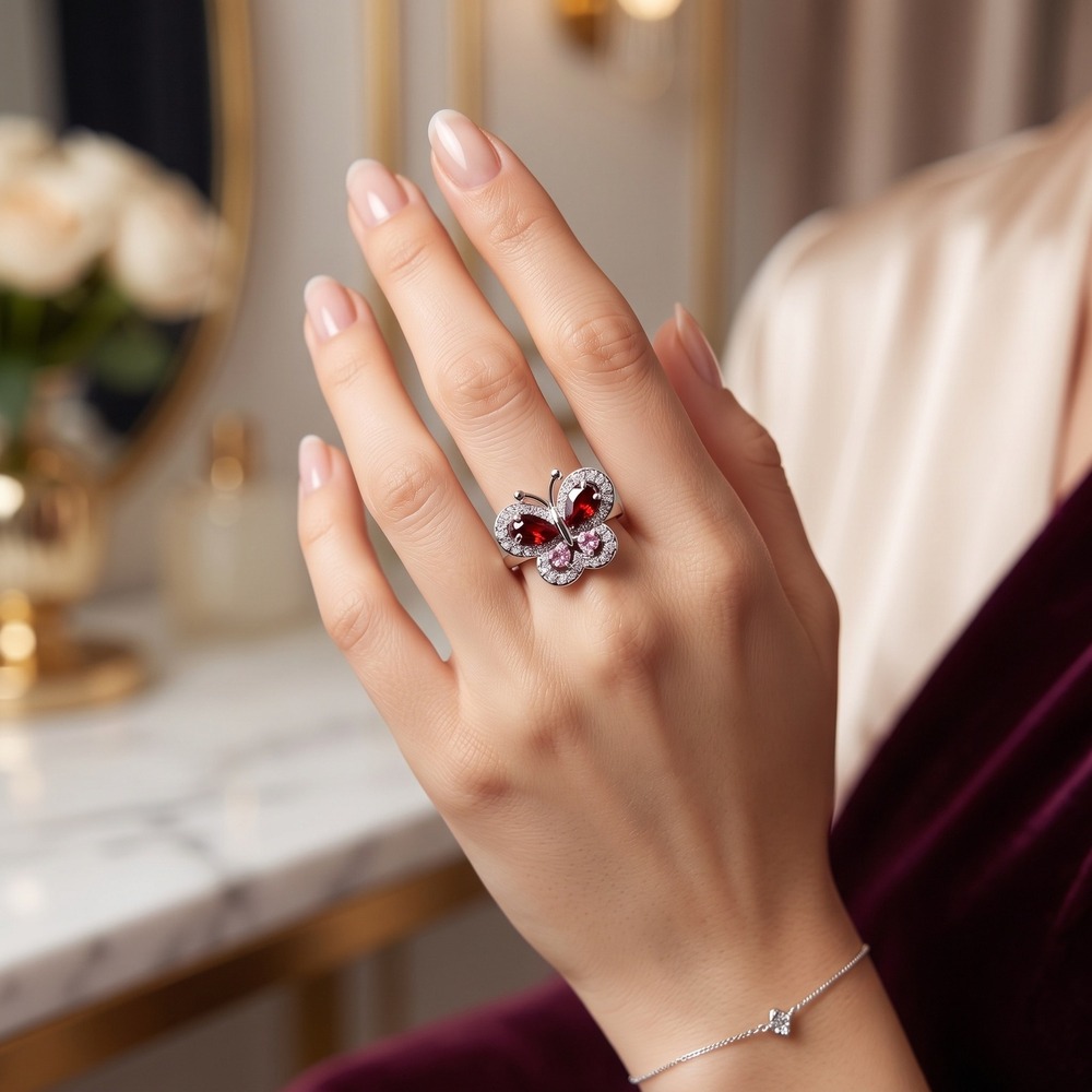 Women's Ring Size 5.25 Silver Red Pink Butterfly Crystal Statement Ring
